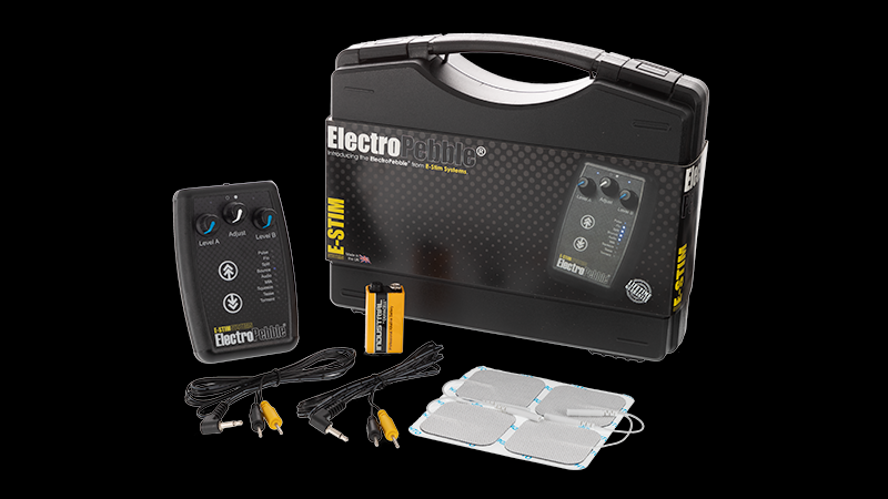 E-Stim Systems Full ElectroPebble Contents on a Black Background